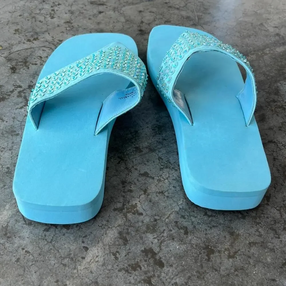 Vintage Y2K Aqua Blue Sequin Platform Flip Flops Sandals Women's 6 Disco 2000s